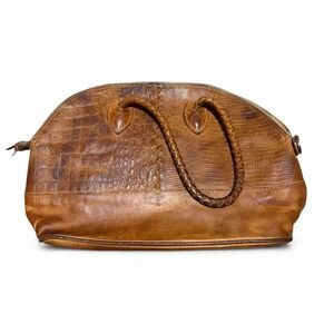 Vintage Fossil Brown Genuine Leather Croc Embossed Dome Handbag Braided Handles